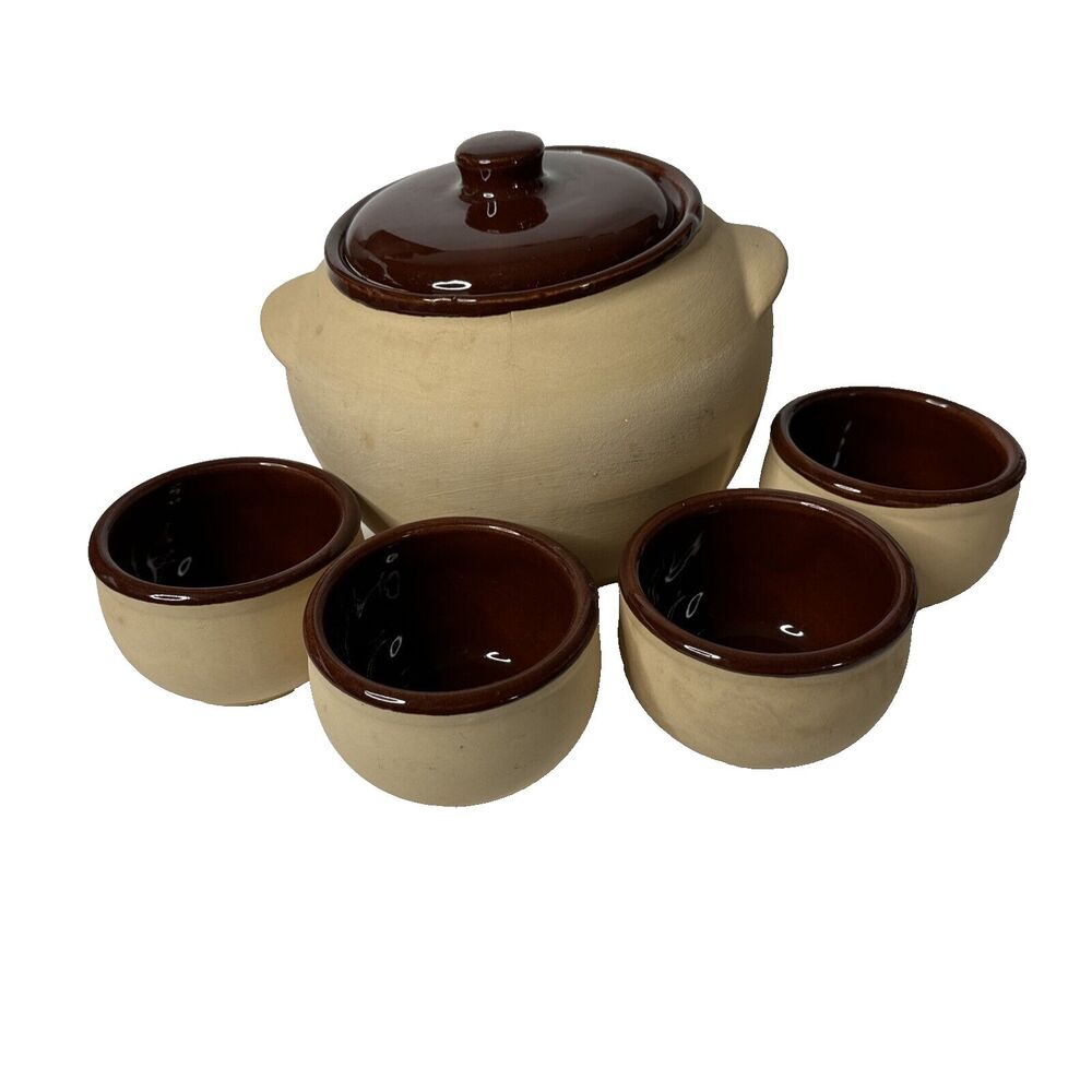 Vintage Watt Pottery #76 Bisque and Brown Bean Pot With Lid and Four Bowls